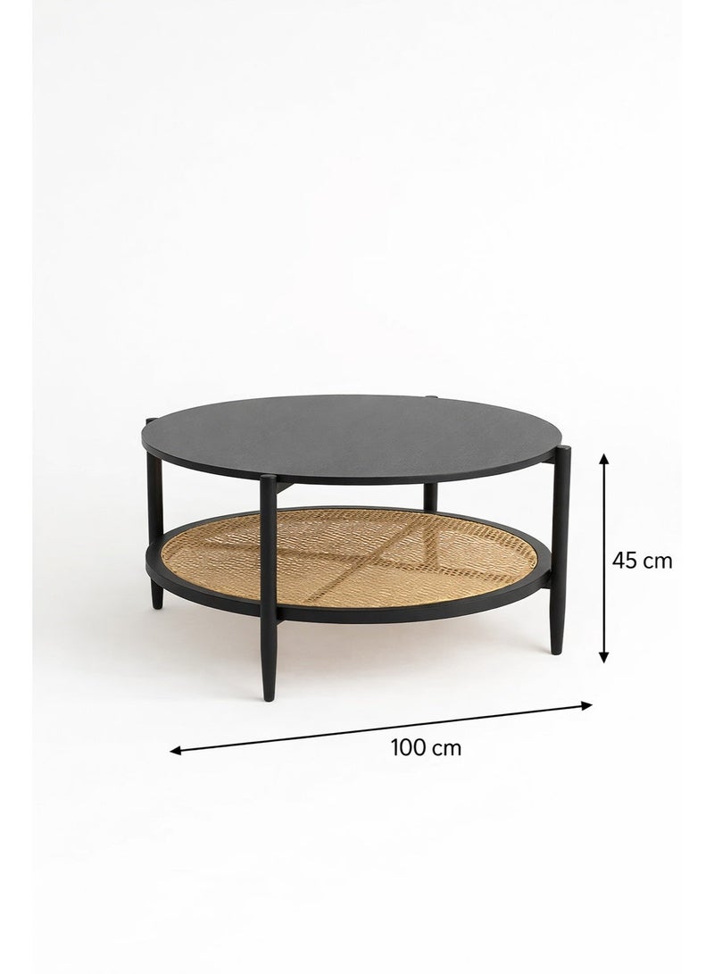 NZONE STORE Round black coffee table with rattan shelf – modern wooden center table for living room, 100x45 cm - Image 2